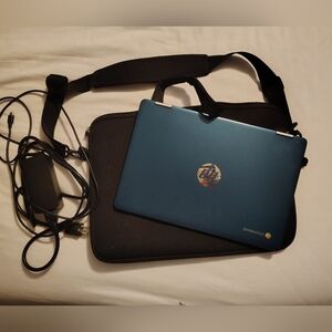 HP Blue Laptop with Black Laptop Bag